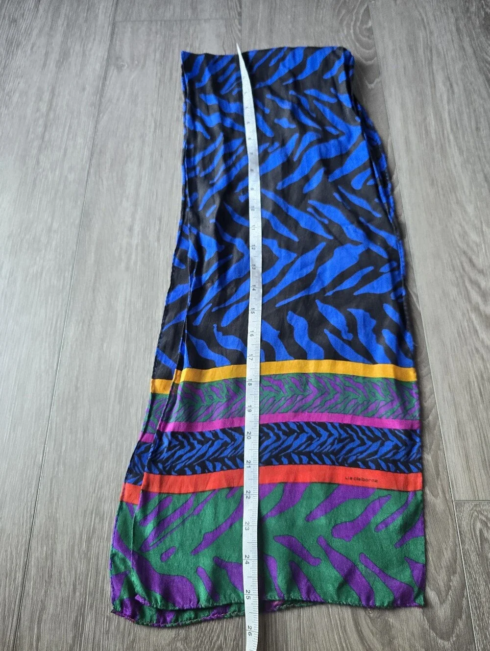 Liz Claiborne Vintage Scarf Blue Black Zebra Rainbow Stripe Oblong 80s Colorful